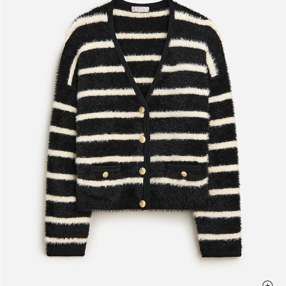 J. Crew Black and Cream Striped Plush Oversized Cardigan with Gold Buttons